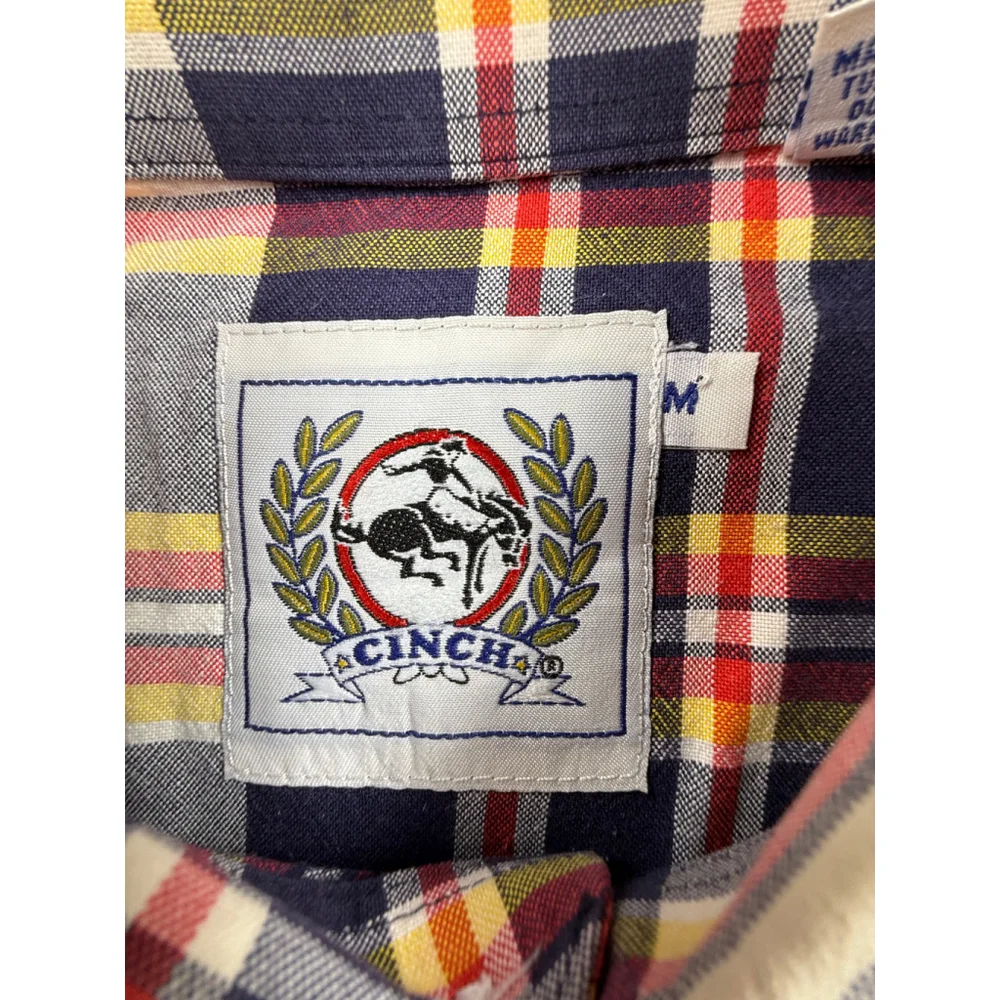 Cinch Plaid Western Button-Down Shirt Men’s Medium Red Navy Yellow Cotton